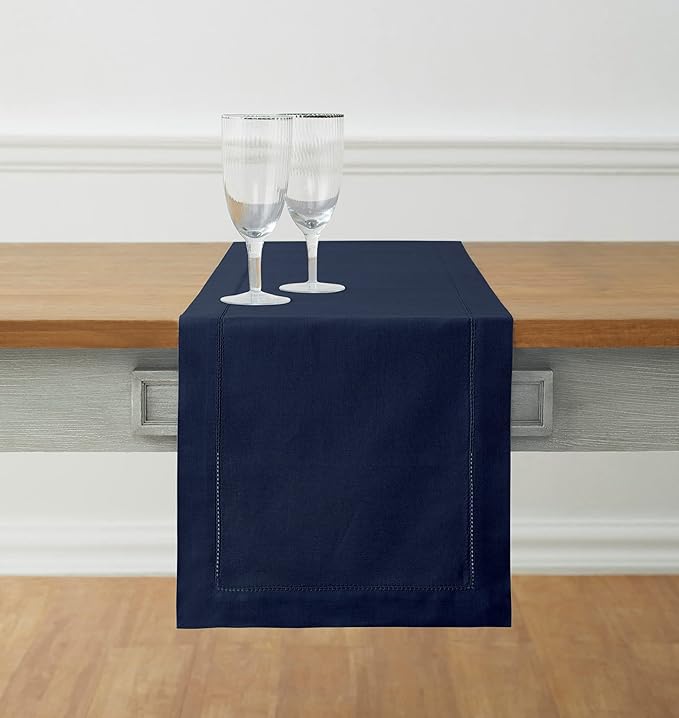 Solino Home Navy Blue Hemstitch Table Runner 36 Inches - Cotton Linen Small Table Runner 14 x 36 Inch Ideal for Dresser and Coffee Tables - Fall, Autumn, Halloween, Thanksgiving, Christmas, Holiday