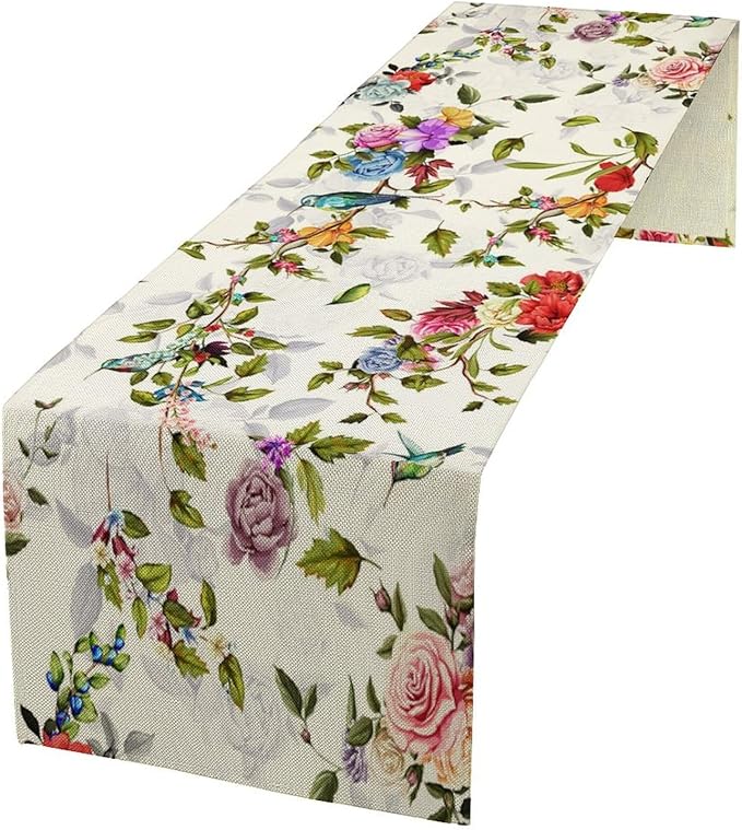 Vintage Bird Flower Table Runner Seasonal Spring Summer Garden Plants Farmhouse Country Kitchen Dinner Runner Dining Table Decoration for Home Party Holiday 13"x70"