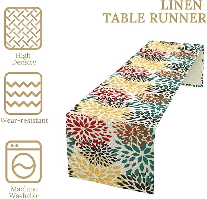 Green Red Dahlia Flower Table Runner Chrysanthemum Geometric Kitchen Dining Bedroom Living Room Table Decor for Indoor Outdoor Home Party, 13x90 Inch