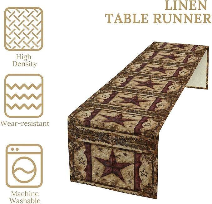 Wild West Table Runner, Rustic Farmhouse Texas Star Vintage Rodeo Cowboy Old Sign Wild West Print Pattern for Home Kitchen Table Decor Dining Coffee Room Garden Party Decor 13x108in