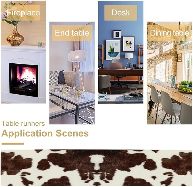 Cow Skin Print Table Runner, Safari Wildlife Brown Country Farm Cowhide Pattern Cotton Linen Rustic Cottage Table Runner for Dinning Home Party Holidays Home Setting, 13x60 Inch