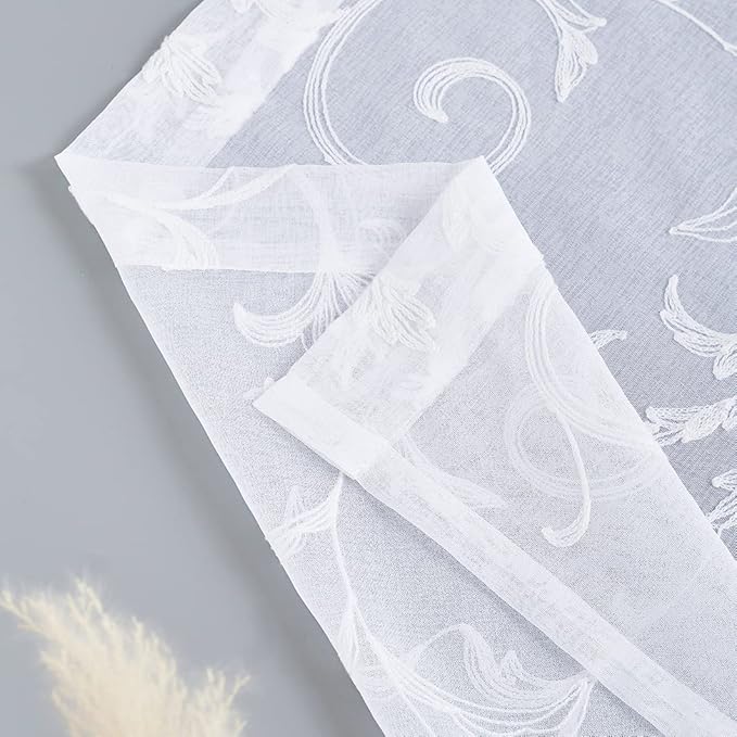 Floral Embroidery Sheer Curtains White 45 Inch Length, Vintage Rod Pocket Voile Drapes for Living room, Bedroom, Window Treatments Semi Crinkle Curtain Panels for Villa, Parlor, Set of 2, 52"x 45".