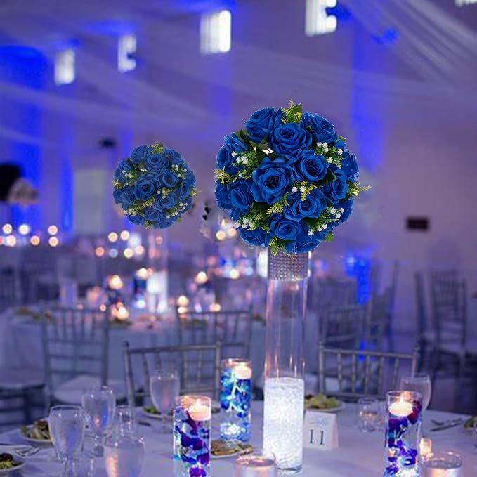 BLOSMON Blue Flowers Artificial for Decoration: 2 Pcs Fake Roses Flower Balls Centerpiece for Wedding Table - Silk Kissing Bouquet with Base Floral Arrangement for Home Party Event Decor