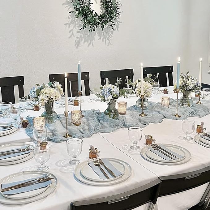 10 Pack Dusty Blue Cheesecloth Table Runner 35x120 Inch, Fall Thanksgiving 10FT Boho Gauze Cheese Cloth Table Runner Rustic Semi-Sheer Runner for Wedding Bridal Baby Shower Birthday Party Home Decor