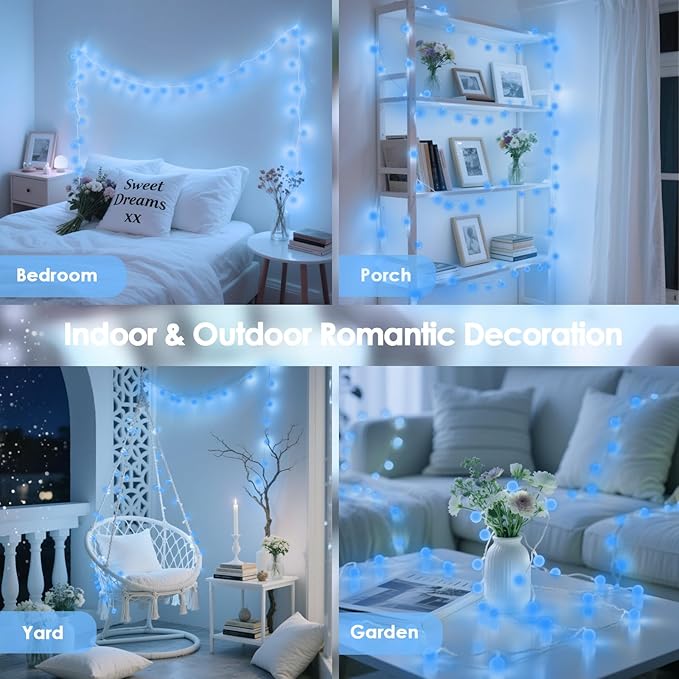 100LED Blue Connectable String Lights Indoor Outdoor for Bedroom, 43ft Christmas Lights with Remote & Timer, Plug in 8 Modes Waterproof Globe Fairy Light for Christmas Decor Room Classroom Wedding
