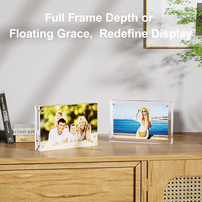 5 Pack 8x8 Acrylic Picture Frames - 20% Thicker Double Sided Magnetic Frame with UV Protection - Freestanding Clear Frameless Display for Tabletops - Modern Photo Frame Set for Home & Office Decor