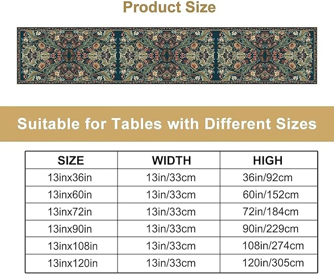 Green Morris Floral Table Runner, Boho Rustic Country Farmhouse Teal Red Rose Pattern for Home Kitchen Table Decor Dining Coffee Room Party Decor 13x60in