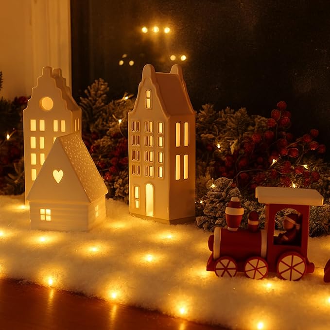 VIHOSE Christmas Snow Blanket with LED Lights String Pre Lit Artificial Fake Snow Blanket Roll Lighted Table Runner for Christmas Tree Village Display Winter Holiday Decor(Warm Light,94'' X 24'')