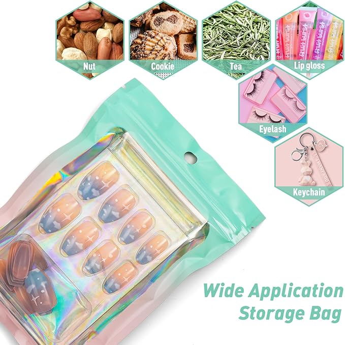 Funfery 100 Pack Gradient Holographic Bags,Mylar Resealable Bag with Zipper,Clear Window Packaging Pouch,Smell Proof Bags for Food Storage,Sample Jewelry Baggies(6.3x9.4In,Green Pink)
