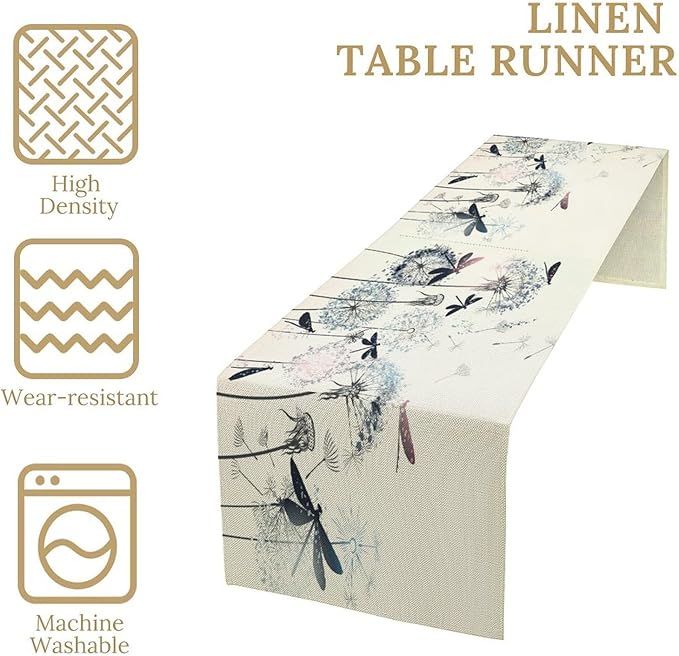 Dandelion Table Runner,Nature Rustic Dragonfly Teal Blue Floral Pattern Print Burlap Tablecloth for Hotel Indoors Outdoor Dining Room Kitchen Table Decor, 13x70in