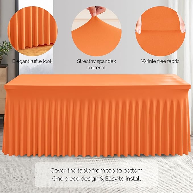 Wish Care 6 Pack Orange Spandex Table Clothes for 6 Foot Rectangle Tables, 6FT Wrinkle Free Fitted Tablecloths Ruffles Design Table Cover for Party, Banquet, Wedding and Events