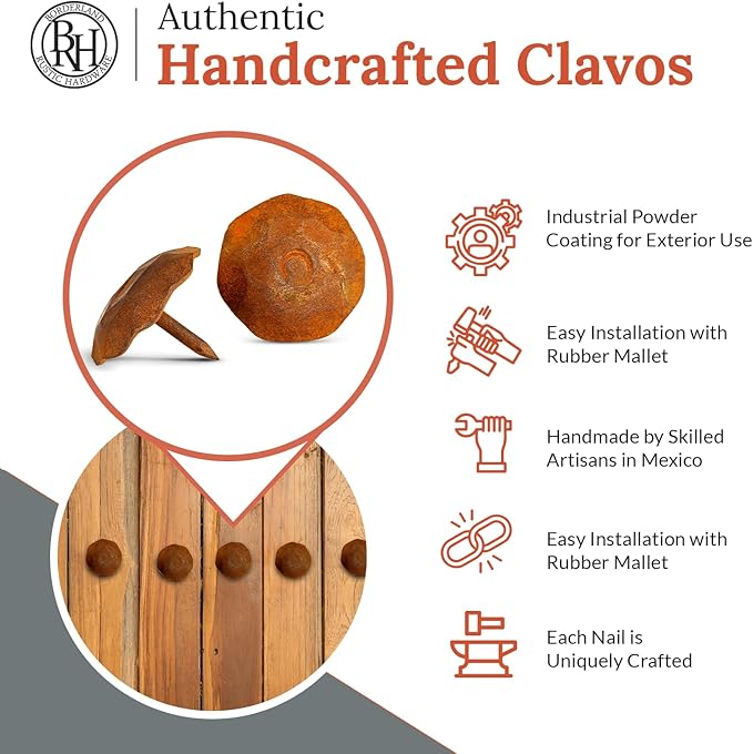 10 Pack 1.25" Round Head Iron Clavos Decorative Nails – Rusted – Handmade Rustic Round Fasteners for Farmhouse Shutters, Faux Wood Beams, Barn Doors, Shutters, Gates – Ornamental Wood Accent