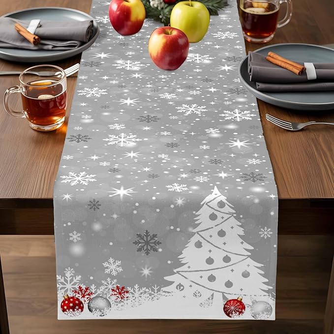 Christmas Snowflakes Cotton Linen Table Runner for Dining Kitchen, Xmas Tree Snow Winter Wedding Outdoor Party Tablerunners Decoration, Grey Balls Dresser Scarf Coffee Tablecloth Runners 13x90 Inches