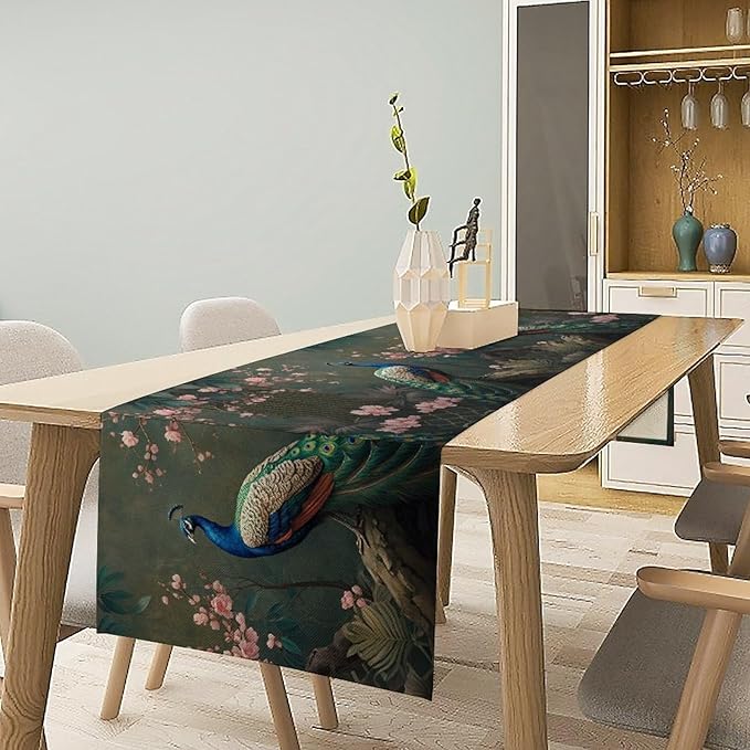 Peacock Table Runner,Vintage Aesthetic Peacock Birds Table Runner for Home Kitchen Dining Party Indoor Outdoor Decoration 13x36 Inch