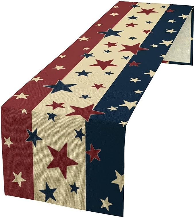 Memorial Day Table Runner, 4th of July American Patriotic Independence Day Stars Stripes Print Table Runne for Summer Holiday USA Home Decoration Party,13x36inch