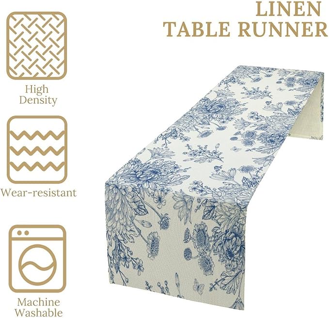 Chinoiserie Flower Table Runner, Seasonal Spring Fall Plants Blue Florals Dinner Runner for Home Kitchen Dining Table Party Holiday Decoration 13"x120"