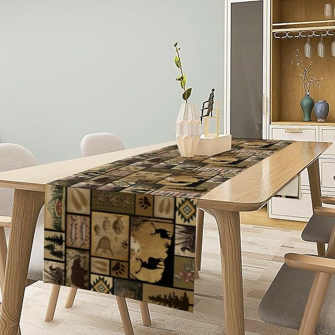 Vintage Deer Bear Table Runner, Fish Retro Farmhouse Cabin Lake Country Lodge Table Runner for Home Dinner Kitchen Living Room, 13x60 Inch