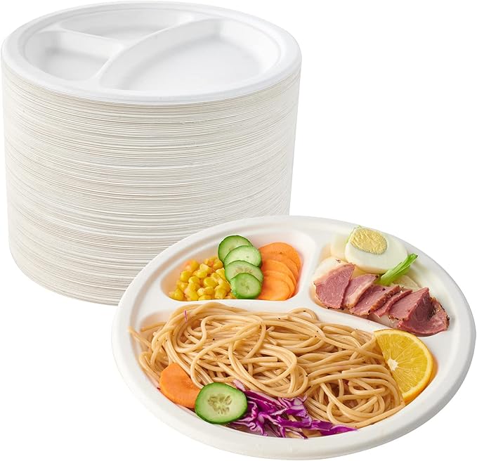 ECOLipak 150 Pack Compostable 3 Compartment Plates, Heavy-Duty Disposable Biodegradable Paper Plates, 8.85 inch Eco-Friendly Sugarcane Bagasse Divided Plates for Dinner