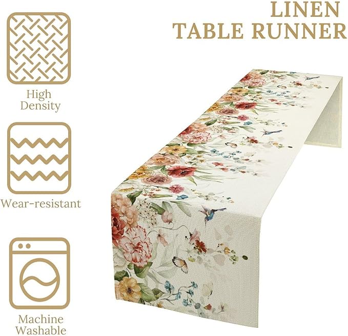 Rustic Floral Table Runner, Watercolor Flower Leaves Hummingbird Butterfly Farmhouse Kitchen Dinning Table Runner for Indoor Outdoor Home Wedding Party Holiday, 13x36 Inch