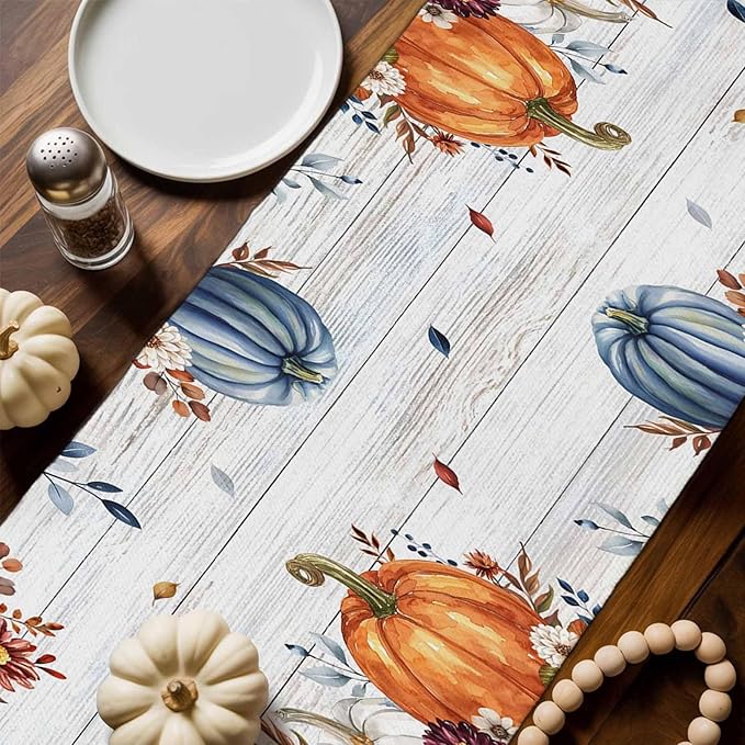 Thanksgiving Fall Cotton Linen Table Runner for Dining Kitchen, Pumpkins Eucalyptus Wedding Outdoor Party Tablerunners Decoration Farmhouse Wooden Dresser Scarf Coffee Tablecloth Runners 13x108 Inches