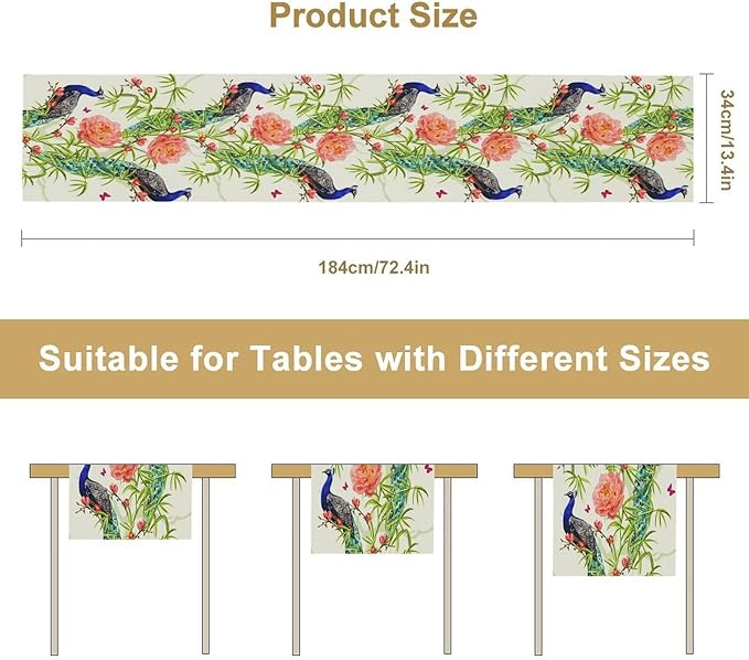 Peacock Table Runner,Seasonal Flower Plants Peacock Birds Table Runner for Home Kitchen Dining Party Indoor Outdoor Decoration 13x90 Inch