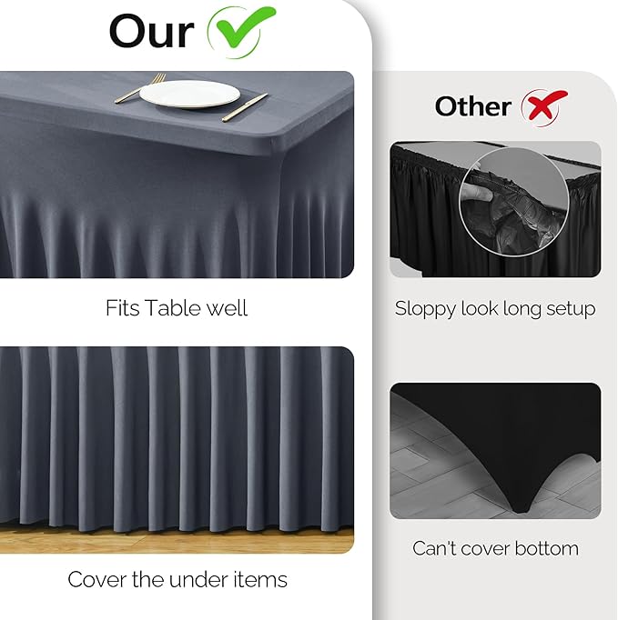 Wish Care 2 Pack Gray Spandex Table Clothes for 8 Foot Rectangle Tables, 8FT Wrinkle Free Fitted Tablecloths Ruffles Design Table Cover for Party, Banquet, Wedding and Events