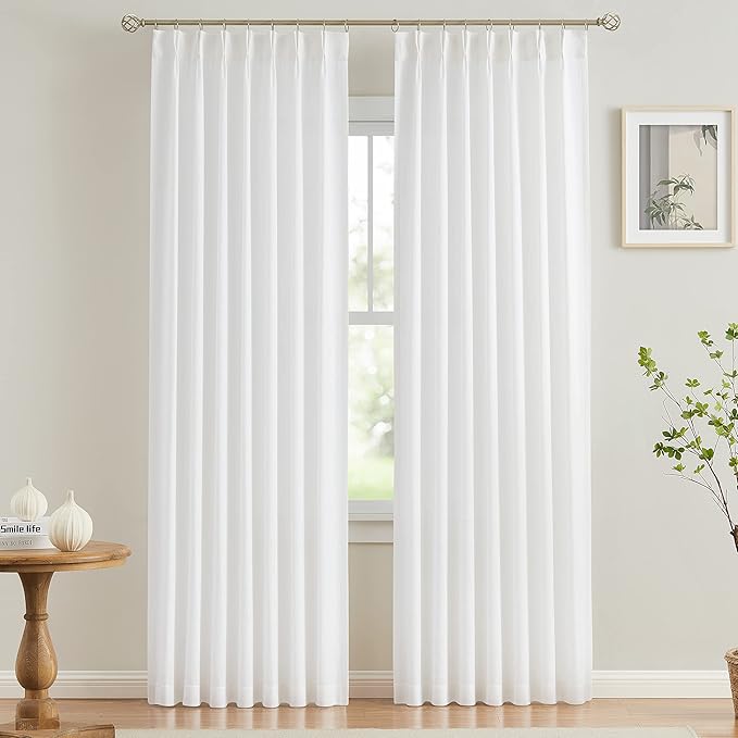 Vision Home White Pinch Pleated Semi Sheer Curtains Textured Light Filtering Window Curtains 108 inch for Living Room Bedroom Rayon Blended Pinch Pleat Drapes with Hooks 2 Panels 40" Wx108 L