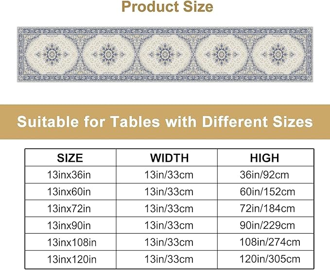Boho Bohemia Style Table Runner, Vintage Blue Gold Retro Flower Rustic Country Style Floral Print Pattern for Home Kitchen Table Decor Dining Coffee Room Garden Party Decor 13x60in