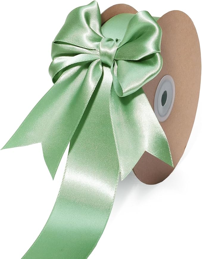 LaRibbons Sage Green Ribbon 1 1/2 Inch 25 Yards Luxury Double Faced Green Silk Ribbon for Flower Bouquet Crafts Gift Wrapping Wedding Party Decoration