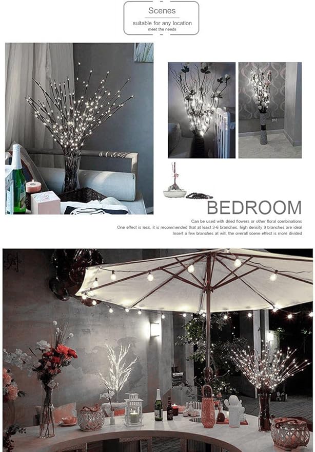 DK177 2 Pack Led Branch Light Battery Operated Lighted Branch Vase Filler Willow Tree Artificial Little Twig Power Brown 30 Inch 20 LED for Home Outdoor Indoor Romantic Decoration, White Light