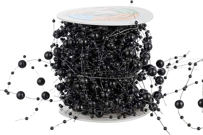 13Feet Pearl String Spool Roll for Floating Candles Faux Pearls Strands Garland for Vase Filler Wedding Centerpiece Christmas Table Decor (Black)