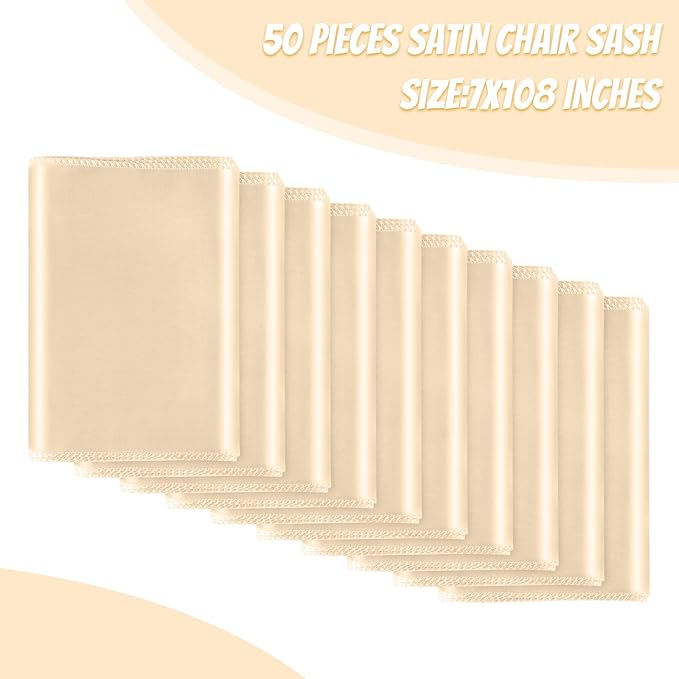 50 PCS Satin Chair Sashes Bows Universal Chair Ribbon Ties Back Sash for Wedding Party Reception Events Banquets Hotel Event Chair Cover Decoration (Champagne 7x108 inch)