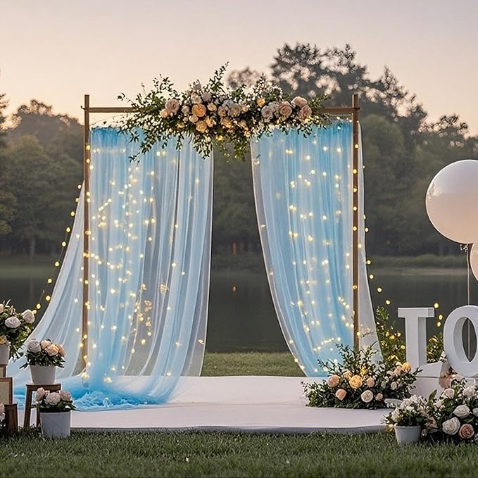 10×10ft Tulle Backdrop Curtains with Lights String - 300LED Fairy Lights Sheer Curtain Backdrop for Weddings Baby Shower and Birthday Party Decorations(6 Panels 5×10ft)