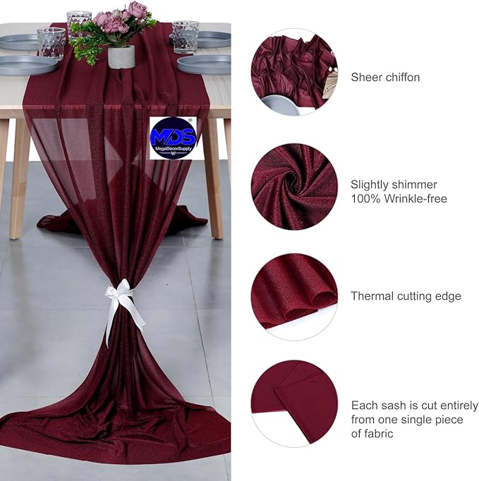 MDS Halloween Chiffon Table Runner - 15 Pack, 29 x 170 Inches, 14ft Each - Sheer Spooky Table Runners for Haunted House Parties, Trick-or-Treat Tables, Witchy Décor, Wedding & Events - Burgundy