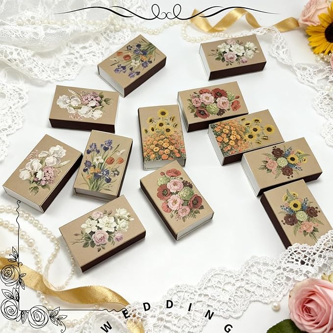 60pcs Flower Match Boxes, 2.25x1.42x0.59in Bulk Fall Spring Floral DIY Light Brown Storage Containers Holders Double-Sided Strikers Wedding Bridal Baby Shower Birthday Party Favor, No Matches Included