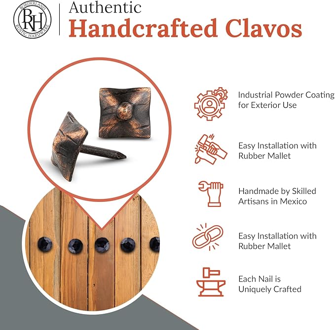 100 Pack 0.75" Square Head Iron Clavos Decorative Nails – Oil Rubbed Bronze – Handmade Rustic Square Fasteners for Farmhouse Shutters, Faux Wood, Barn Doors, and Gates – Ornamental Wood Accent