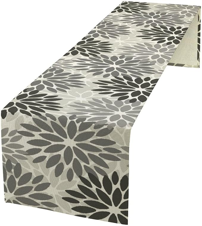 Gray Dahlia Flower Table Runner, Vintage Modern Linen Geometric Pattern Floral Table Runner Spring for Farmhouse Kitchen Dining Party Holiday Party, 13x108 Inch