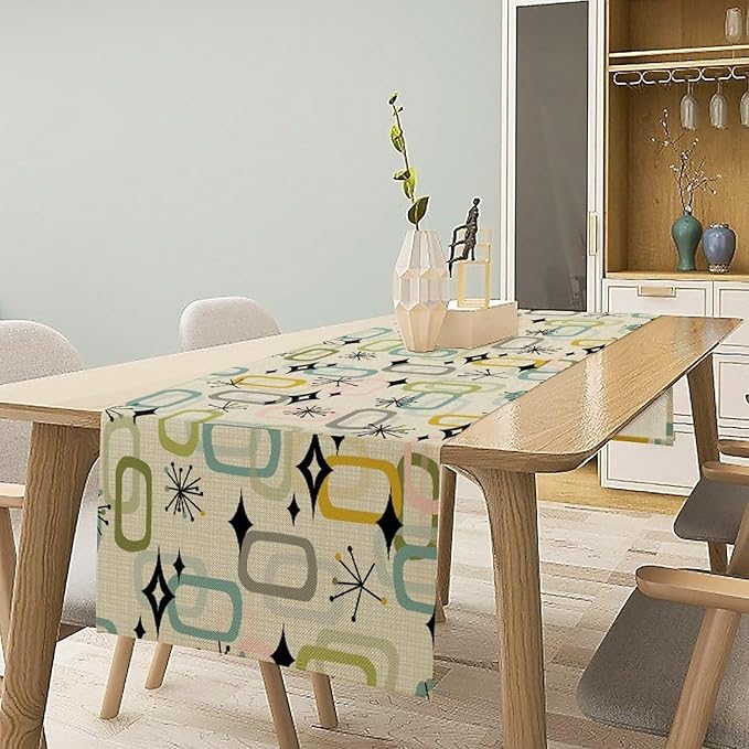 Mid Century Table Runner, Flag Retro Atomic Starburst 1950s Abstract Geometric Space Tabletop Decoration for Home Kitchen Restaurant Table Flag 13x70 Inch