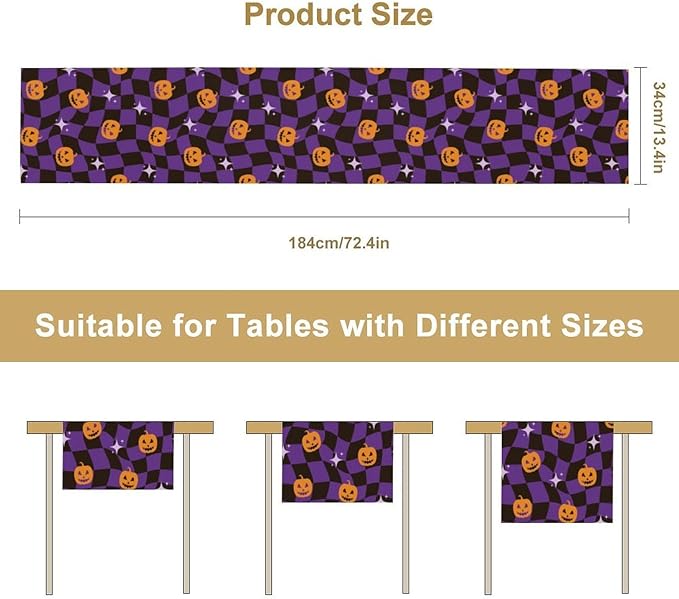 Halloween Table Runner,Purple Checkered Pumpkin Table Runner for Kitchen Dining Table Decoration Home Party Decor 13x90 Inch