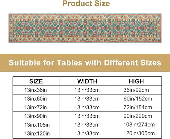 Vintage Boho Floral Table Runner, Rustic Country Farmhouse Teal Red Purple Flower Pattern for Home Kitchen Table Decor Dining Coffee Room Party Decor 13x120in