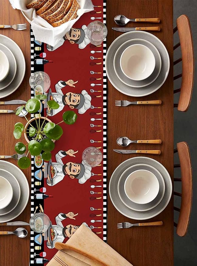 Red Chef Gourmet Cotton Linen Table Runner for Dining Kitchen, Wedding Outdoor Party Tablerunners Decoration, Black White Check Plaid Funny Kitchen Dresser Scarf Coffee Tablecloth Runners 13''x120''