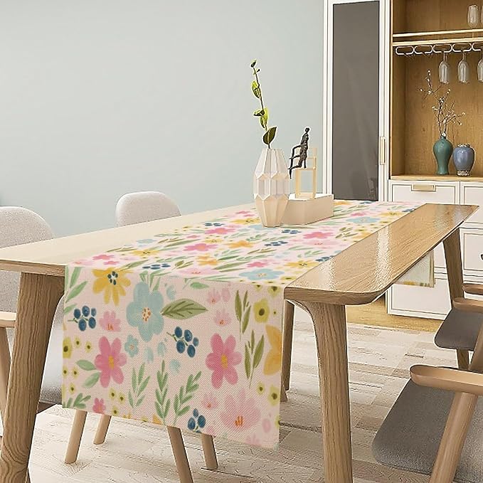 Floral Table Runner, Boho Style Watercolor Flower Green Leaf Plant Rectangle Table Decoration for Dining, Party, Holiday,13in（33cm） W * 36in（92cm） L