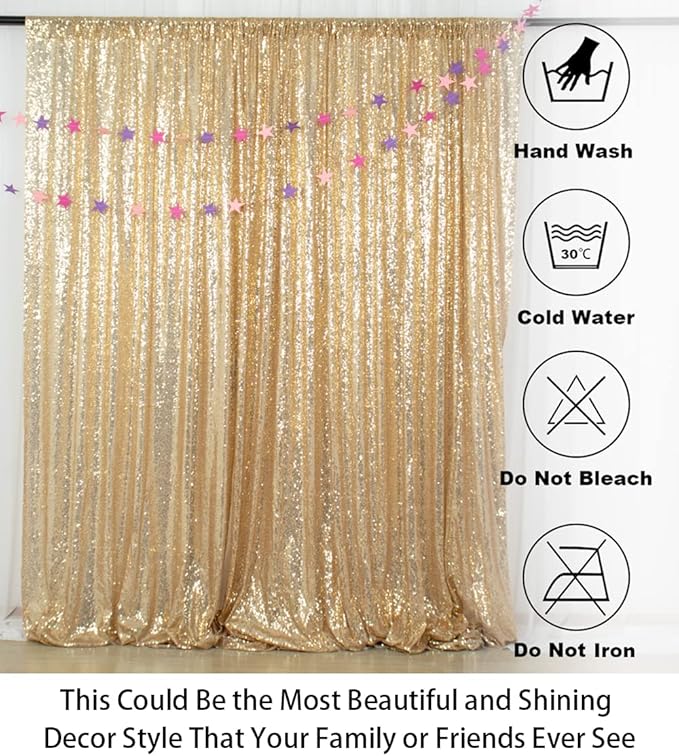 ShinyBeauty Sequin Backdrop - 8ft x 10ft Light Gold Sequin Fabric Drapes Sparkle Background for Photoshoot and Birthday Party