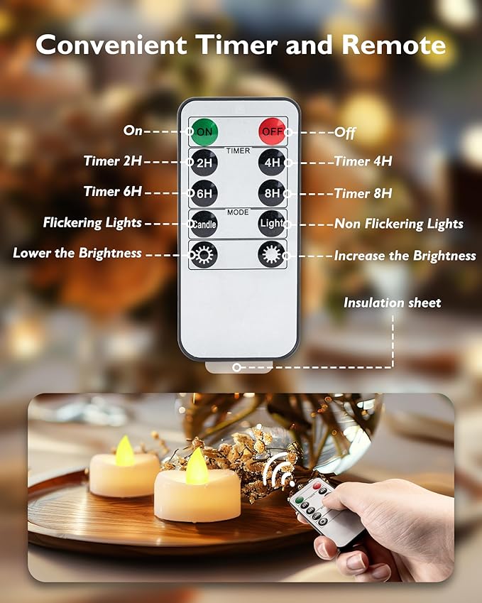 Remote Candles, 24PCS Flameless Tea Lights Candle Battery Operated with Timer, 400+Hours Remote Control LED Tea Lights Votive Candle - 1.5'' D X 1.25'' H- Warm Yellow Light