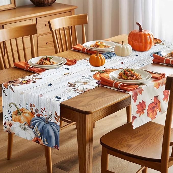 Thanksgiving Fall Cotton Linen Table Runner for Dining Kitchen, Pumpkins Eucalyptus Wedding Outdoor Party Tablerunners Decoration, Farmhouse Wooden Dresser Scarf Coffee Tablecloth Runners 13x60 Inches