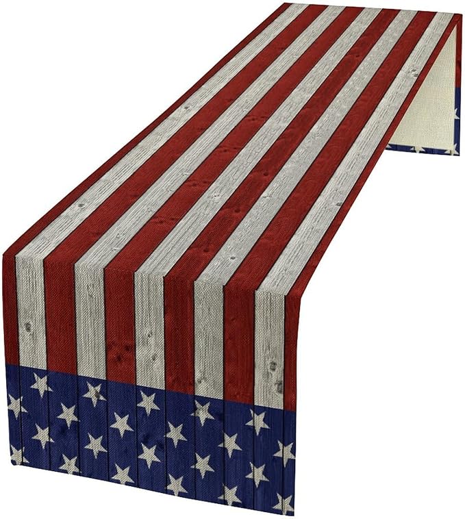 American Flag Table Runner, 4th of July USA Rustic Vintage Wooden Blue Red Stars Stripes Print Table Runner for Farmhouse Kitchen Dining Table Decor, 13x60inch