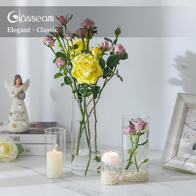 Glasseam Clear Cylinder Vases for Centerpieces, Glass Cylinder Vase Set of 6, Hurricane Vase for Flowers, Glass Cylinder Candle Holder for Pillar Candles, Floating Candle Vases for Wedding Decorations