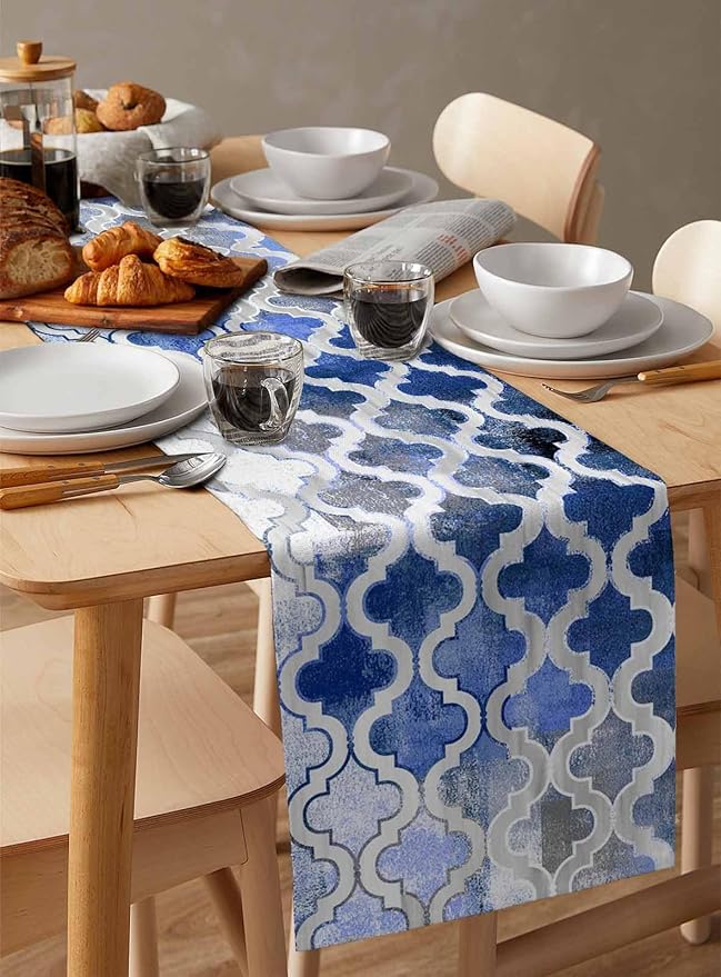 Blue Morocco Plaid Cotton Linen Table Runner for Dining Kitchen, Wedding Outdoor Party Tablerunners Decoration, Distressed Abstract Painted Vintage Dresser Scarf Coffee Tablecloth Runners 13''x120''