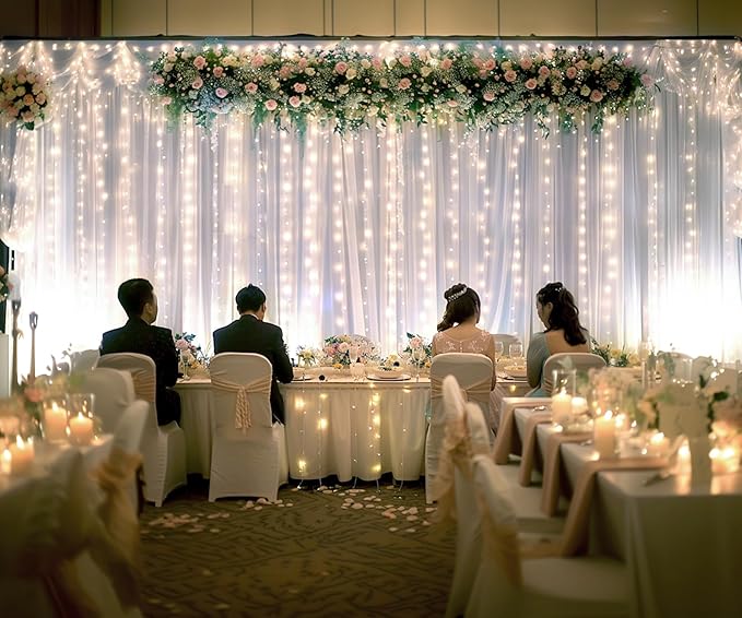 White Tulle Backdrop Curtain with Lights String for Parties Wedding Bridal Shower Sheer White Curtain Backdrop for Birthday Baby Shower Photo Booth Photography Background Decorations 20ft x 10ft