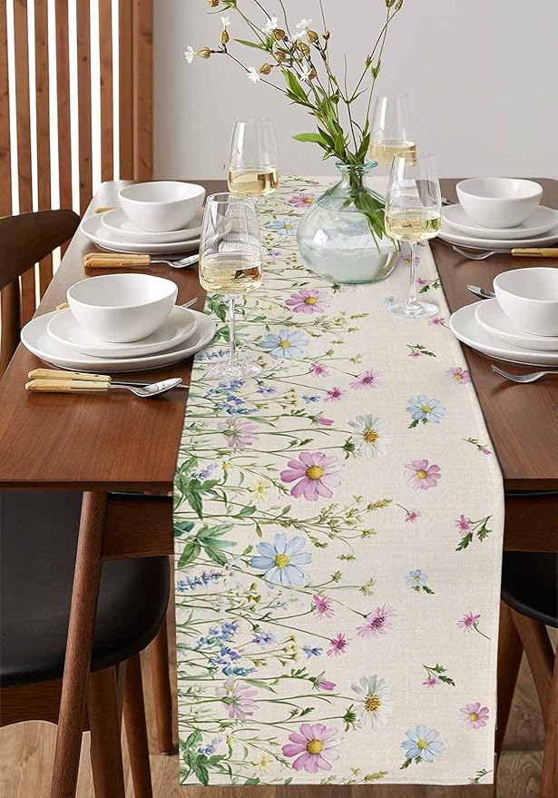 Vintage Wildflowers Cotton Linen Table Runner for Dining Kitchen, Wedding Outdoor Party Tablerunners Decoration, Farm Floral Pink Botanical Plants Dresser Scarf Coffee Tablecloth Runners 13x60 Inches